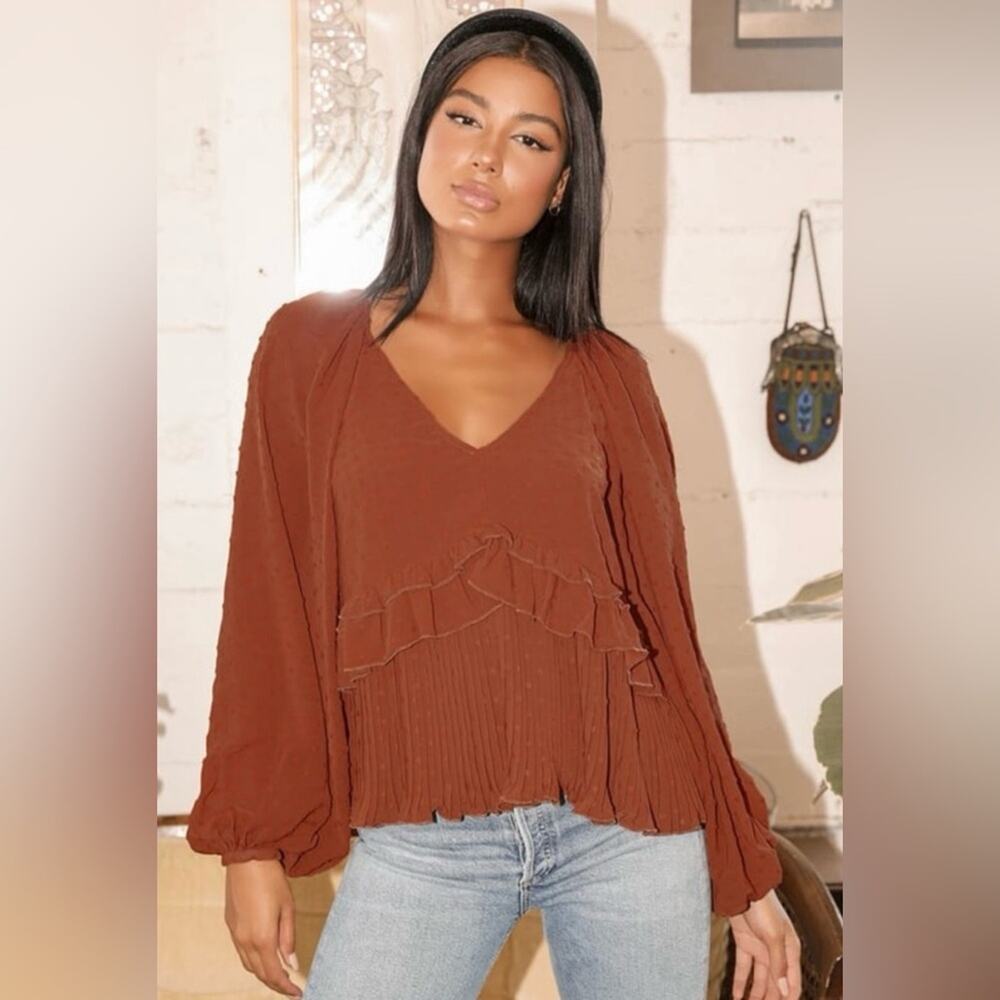 Lulus Thrills and Frills Rust Orange Swiss Dot Ruffled Long Sleeve Top Size Med